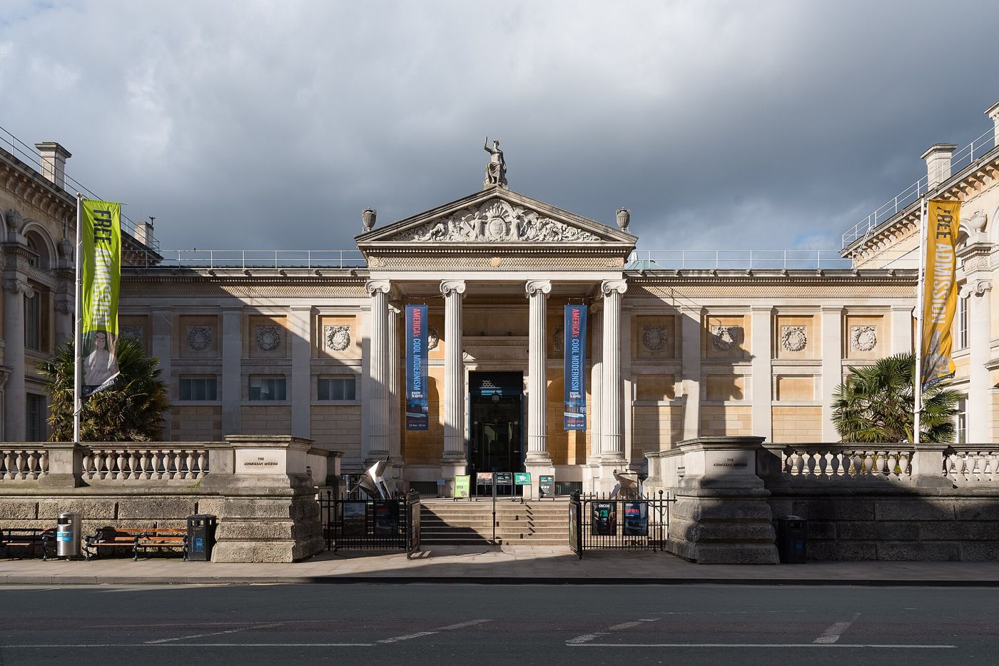 The classical portico of the Ashmolean Museum on Beaumont Street, Oxford