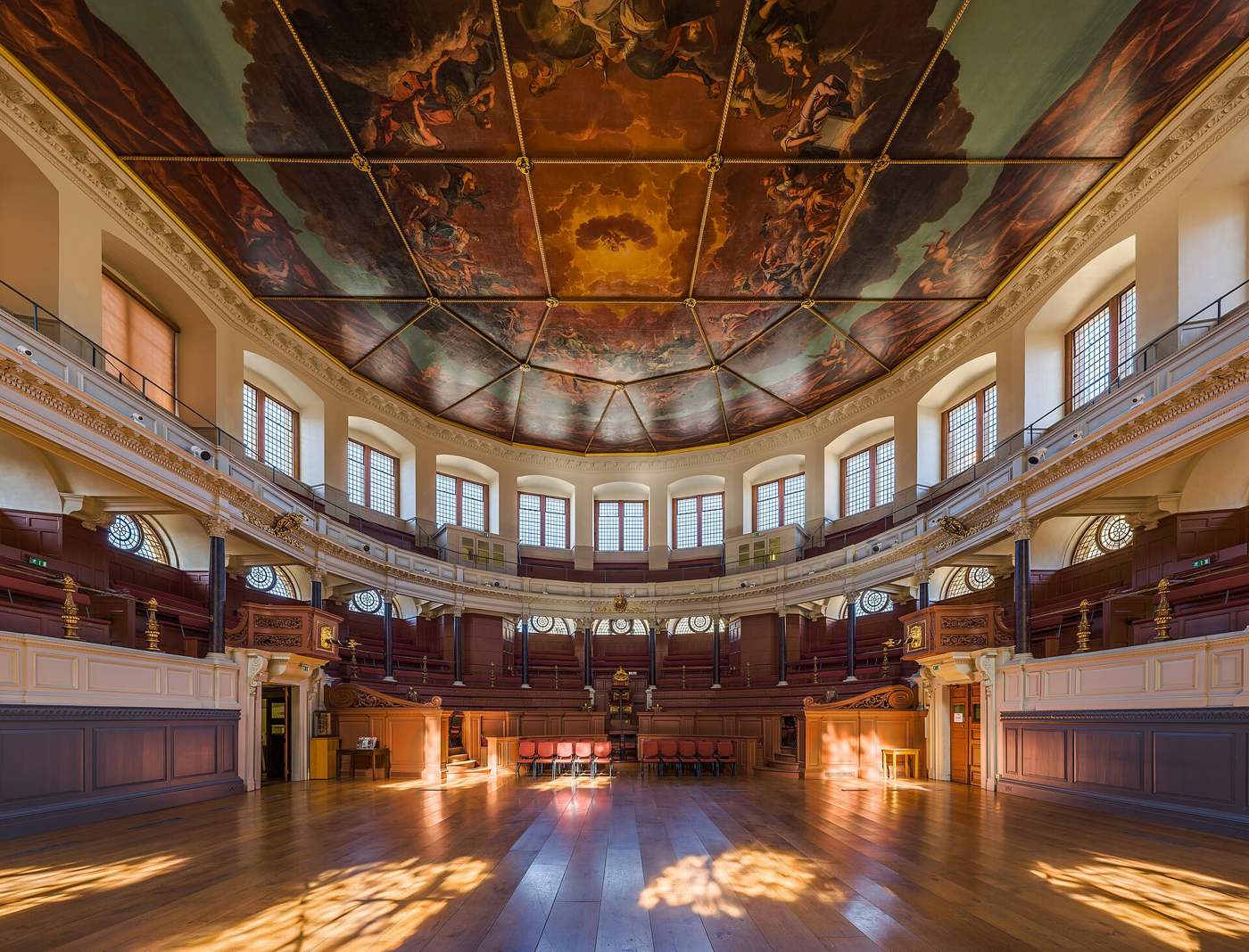 The interior of the Sheldonian Theatre with its painted ceiling